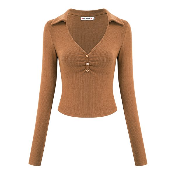 Womenâ€™s Slim Fit Pleated Long Sleeve T-shirt - European American Style Deep V-Neck Lapel Top - Trendy Y2K Fashion