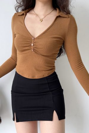Womenâ€™s Slim Fit Pleated Long Sleeve T-shirt - European American Style Deep V-Neck Lapel Top - Trendy Y2K Fashion