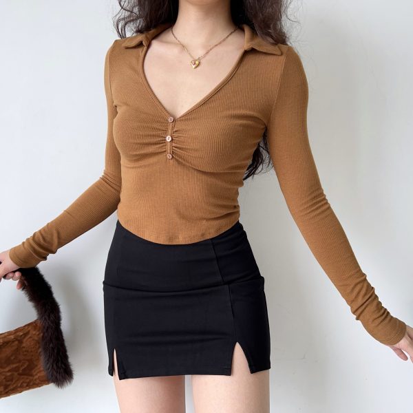 Womenâ€™s Slim Fit Pleated Long Sleeve T-shirt - European American Style Deep V-Neck Lapel Top - Trendy Y2K Fashion