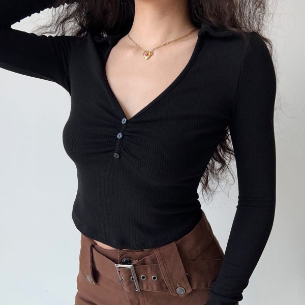 Womenâ€™s Slim Fit Pleated Long Sleeve T-shirt - European American Style Deep V-Neck Lapel Top - Trendy Y2K Fashion