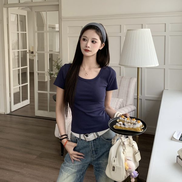 Women's Slim Fit U-Neck Short Sleeve T-shirt - Versatile White Top for Spring 2025, Perfect for Casual 90s Style