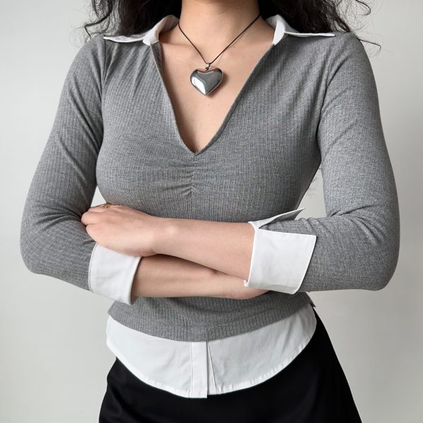 Womenâ€™s Slim Fit V-neck Spliced Two-Piece T-shirt with Three-Quarter Sleeves - Flattering Casual Top for Everyday Wear