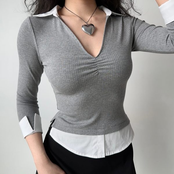 Womenâ€™s Slim Fit V-neck Spliced Two-Piece T-shirt with Three-Quarter Sleeves - Flattering Casual Top for Everyday Wear