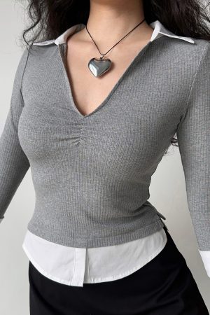Womenâ€™s Slim Fit V-neck Spliced Two-Piece T-shirt with Three-Quarter Sleeves - Flattering Casual Top for Everyday Wear