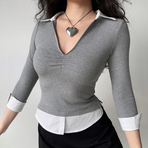 Womenâ€™s Slim Fit V-neck Spliced Two-Piece T-shirt with Three-Quarter Sleeves - Flattering Casual Top for Everyday Wear