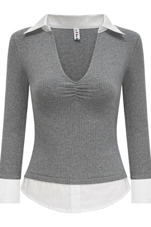 Womenâ€™s Slim Fit V-neck Spliced Two-Piece T-shirt with Three-Quarter Sleeves - Flattering Casual Top for Everyday Wear