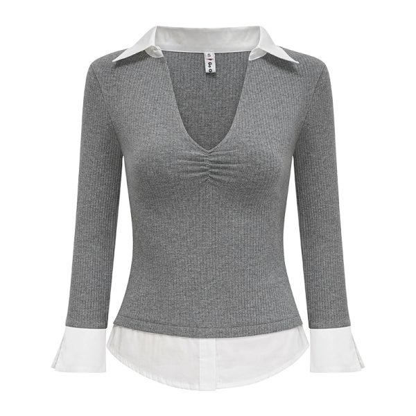 Womenâ€™s Slim Fit V-neck Spliced Two-Piece T-shirt with Three-Quarter Sleeves - Flattering Casual Top for Everyday Wear