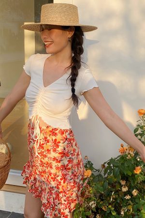 Women's Slim Fit V-Neck T-Shirt with Ruffled Short Sleeves, Drawstring Tie, Sweet & Spicy Summer Style