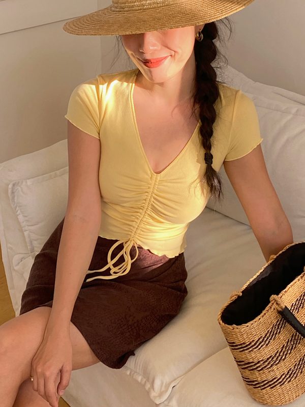 Women's Slim Fit V-Neck T-Shirt with Ruffled Short Sleeves, Drawstring Tie, Sweet & Spicy Summer Style