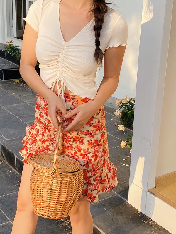 Women's Slim Fit V-Neck T-Shirt with Ruffled Short Sleeves, Drawstring Tie, Sweet & Spicy Summer Style