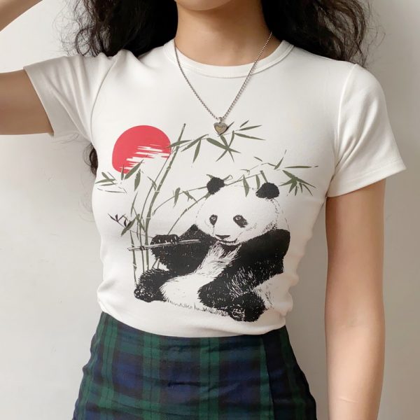Women's Slim Fit White Short Sleeve T-Shirt with DIY Chinese Painting Panda and Bamboo Sunset Print