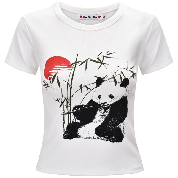 Women's Slim Fit White Short Sleeve T-Shirt with DIY Chinese Painting Panda and Bamboo Sunset Print