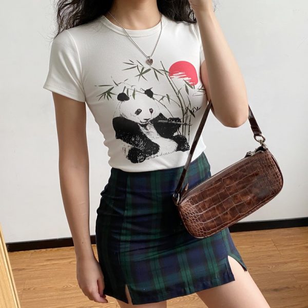 Women's Slim Fit White Short Sleeve T-Shirt with DIY Chinese Painting Panda and Bamboo Sunset Print