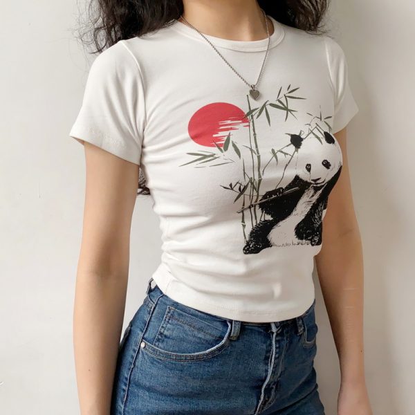Women's Slim Fit White Short Sleeve T-Shirt with DIY Chinese Painting Panda and Bamboo Sunset Print