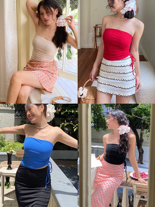 Women's Strapless Drawstring Top with Removable Chest Pad - Waist-Cinching, Slimming Design for a Chic Look