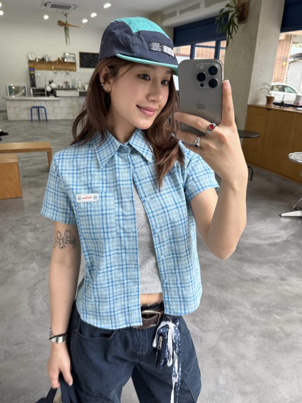 Women's Summer Casual American Plaid Short Sleeve Slim Shirt - Regular Fit, Trendy Design for Effortless Style