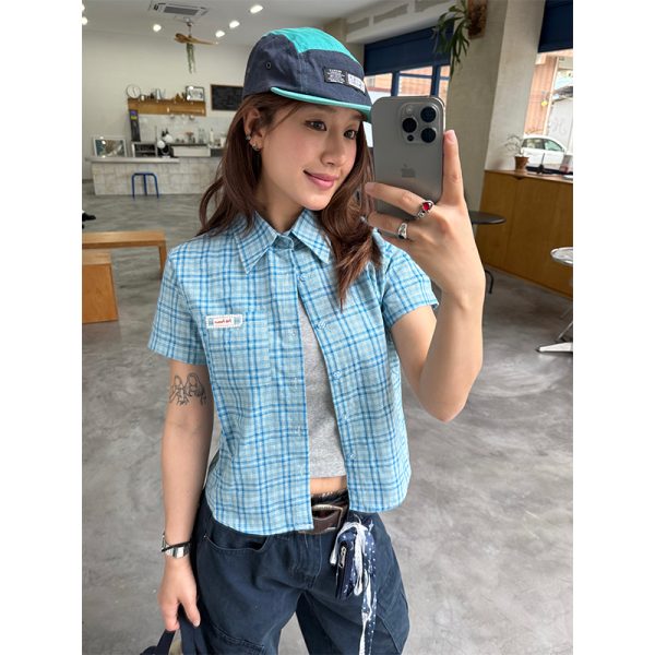 Women's Summer Casual American Plaid Short Sleeve Slim Shirt - Regular Fit, Trendy Design for Effortless Style