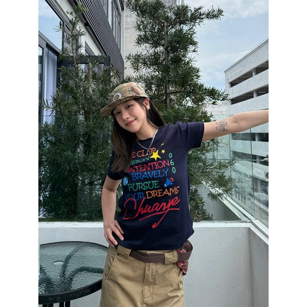 Women's Summer Casual Round Neck Short Sleeve T-Shirt with Letter Print and Shoulder Design - Versatile Y2K Style Top