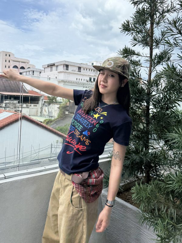 Women's Summer Casual Round Neck Short Sleeve T-Shirt with Letter Print and Shoulder Design - Versatile Y2K Style Top
