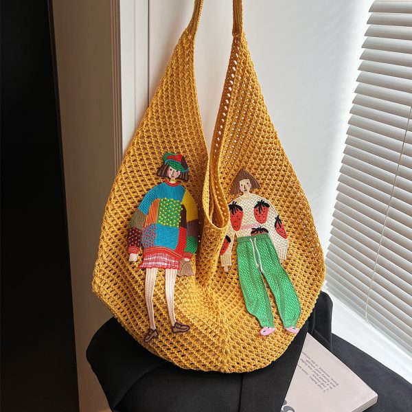 Women's Summer Cotton Woven Tote Bag, Niche Shoulder Underarm Commuting Bag, Lazy Style Hollow Straw Vacation Accessory