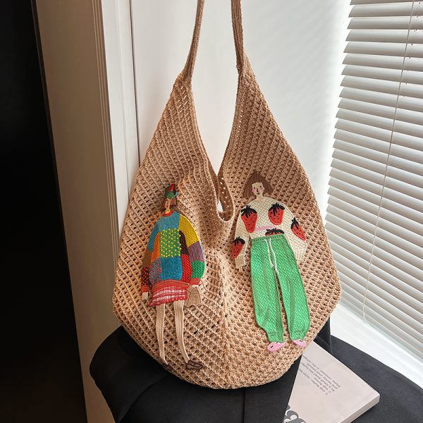 Women's Summer Cotton Woven Tote Bag, Niche Shoulder Underarm Commuting Bag, Lazy Style Hollow Straw Vacation Accessory