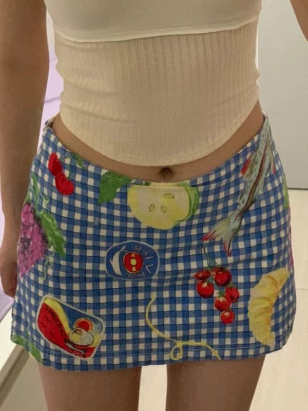 Women's Summer Fun Fruit Picnic Plaid Bodycon Mini Skirt - Low Waist Dopamine Girl Style for Trendy Vibes