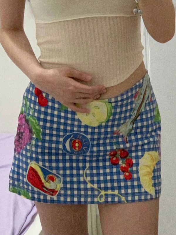 Women's Summer Fun Fruit Picnic Plaid Bodycon Mini Skirt - Low Waist Dopamine Girl Style for Trendy Vibes