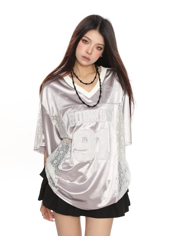 Women's Summer Jersey Style V-Neck Lace Spliced Short Sleeve T-Shirt - Loose Fit Sports Top for Casual Wear