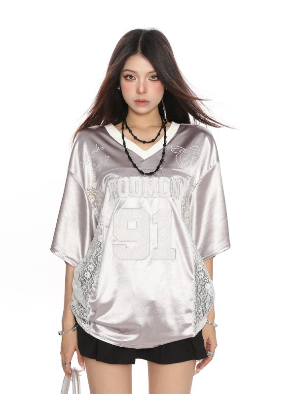 Women's Summer Jersey Style V-Neck Lace Spliced Short Sleeve T-Shirt - Loose Fit Sports Top for Casual Wear