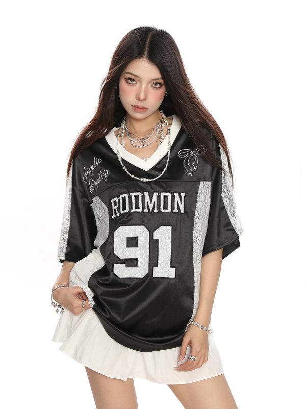 Women's Summer Jersey Style V-Neck Lace Spliced Short Sleeve T-Shirt - Loose Fit Sports Top for Casual Wear