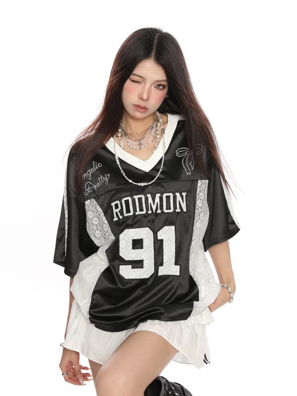 Women's Summer Jersey Style V-Neck Lace Spliced Short Sleeve T-Shirt - Loose Fit Sports Top for Casual Wear