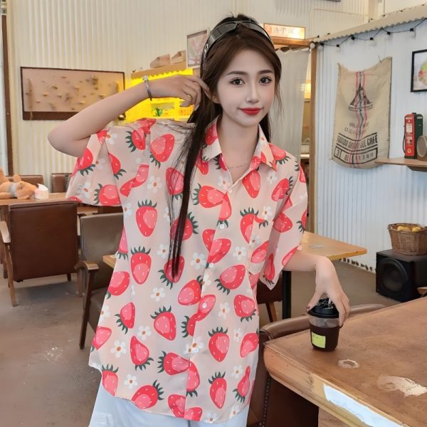 Women's Summer Loose Striped Floral Short Sleeve Shirt - Hawaiian Beach Style, Unique Print Top for Casual Wear