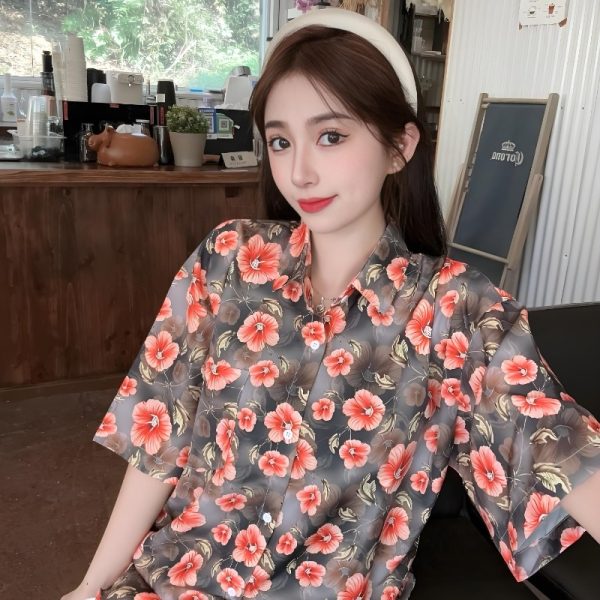 Women's Summer Loose Striped Floral Short Sleeve Shirt - Hawaiian Beach Style, Unique Print Top for Casual Wear