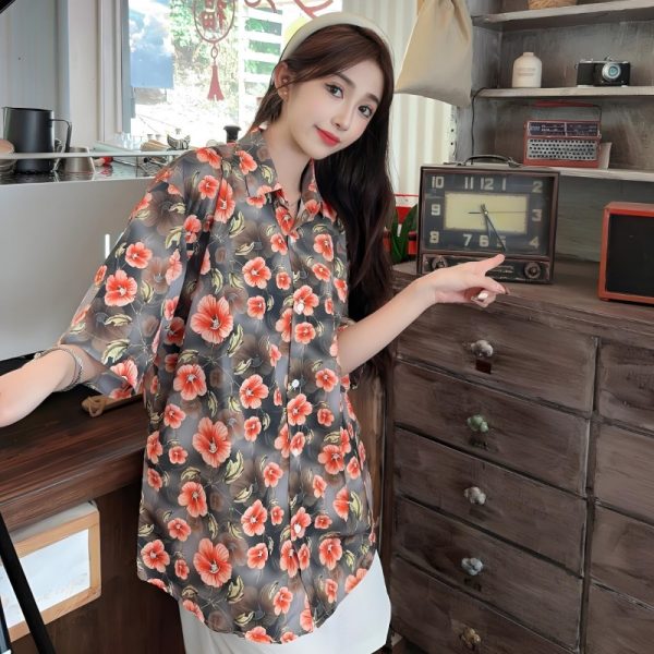 Women's Summer Loose Striped Floral Short Sleeve Shirt - Hawaiian Beach Style, Unique Print Top for Casual Wear
