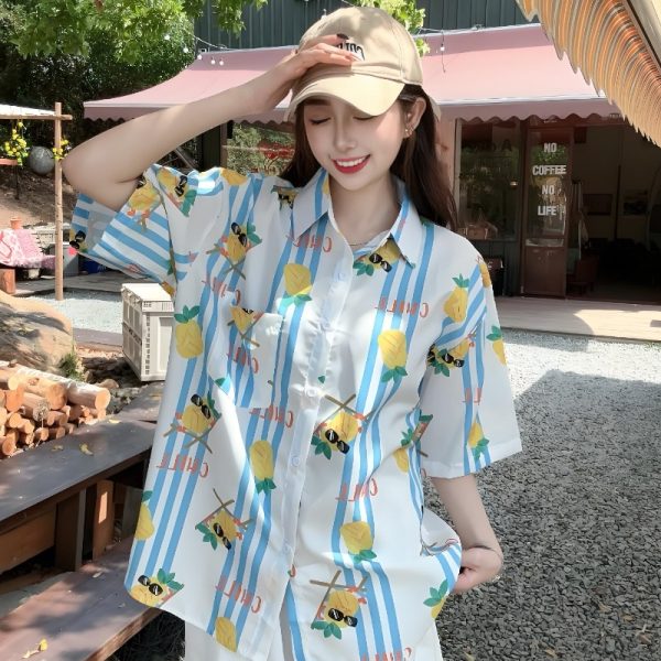 Women's Summer Loose Striped Floral Short Sleeve Shirt - Hawaiian Beach Style, Unique Print Top for Casual Wear