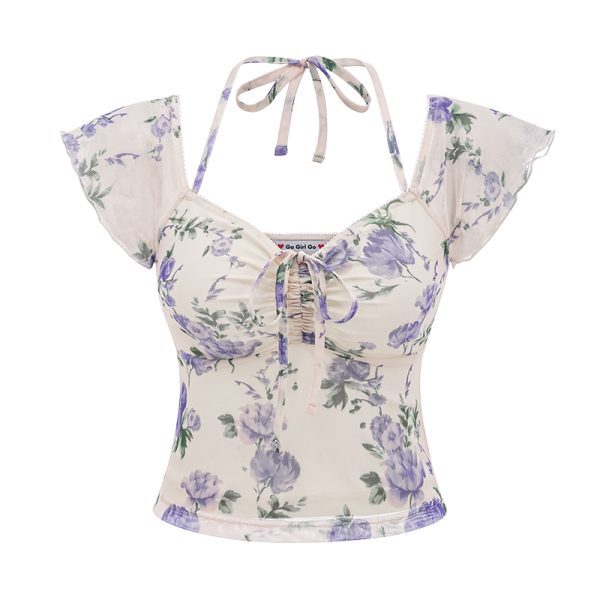 Womenâ€™s Summer Slim Fit Printed Mesh V-neck Short Sleeve T-shirt - European American Style, Casual Waist-Hanging Top