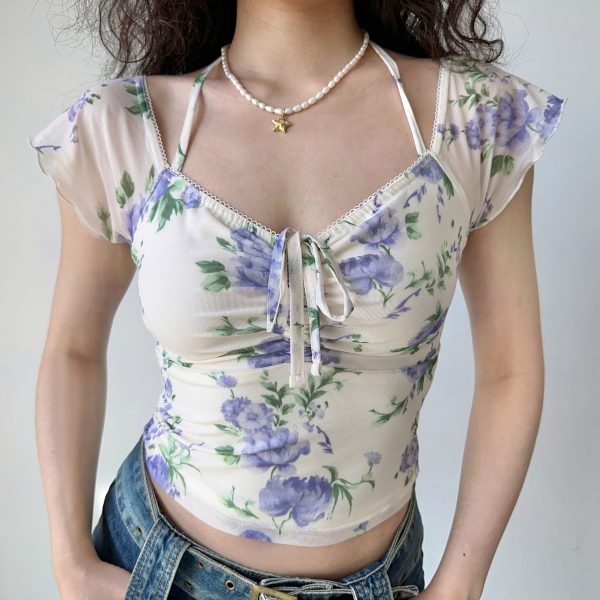 Womenâ€™s Summer Slim Fit Printed Mesh V-neck Short Sleeve T-shirt - European American Style, Casual Waist-Hanging Top