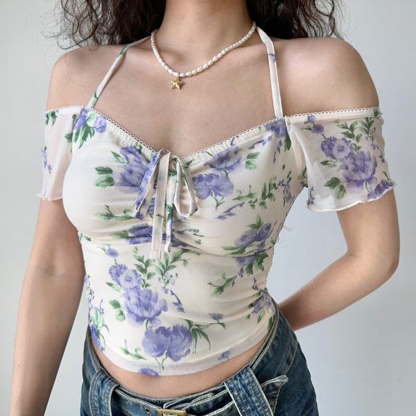 Womenâ€™s Summer Slim Fit Printed Mesh V-neck Short Sleeve T-shirt - European American Style, Casual Waist-Hanging Top