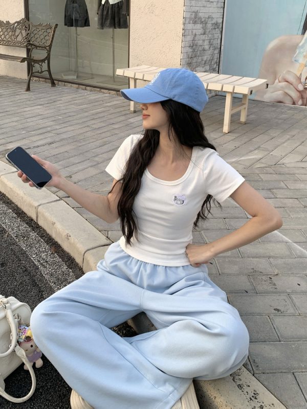 Women's Summer U-neck Kitty Cat Embroidered Short Sleeve T-shirt - Slimming Sweet Style for 2025, Cute 90s Vibe
