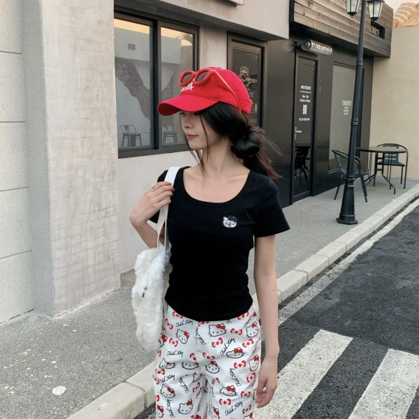 Women's Summer U-neck Kitty Cat Embroidered Short Sleeve T-shirt - Slimming Sweet Style for 2025, Cute 90s Vibe