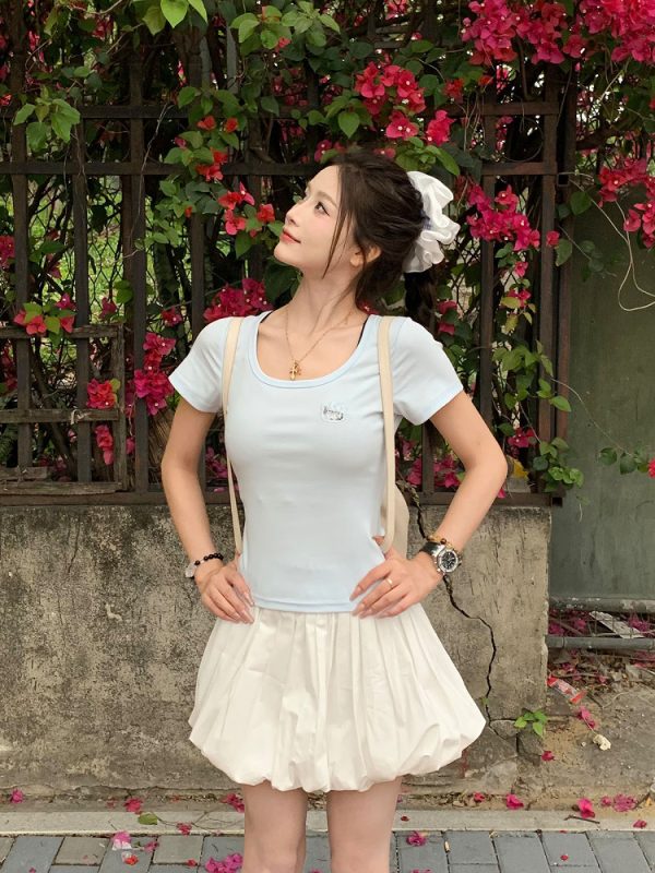 Women's Summer U-neck Kitty Cat Embroidered Short Sleeve T-shirt - Slimming Sweet Style for 2025, Cute 90s Vibe