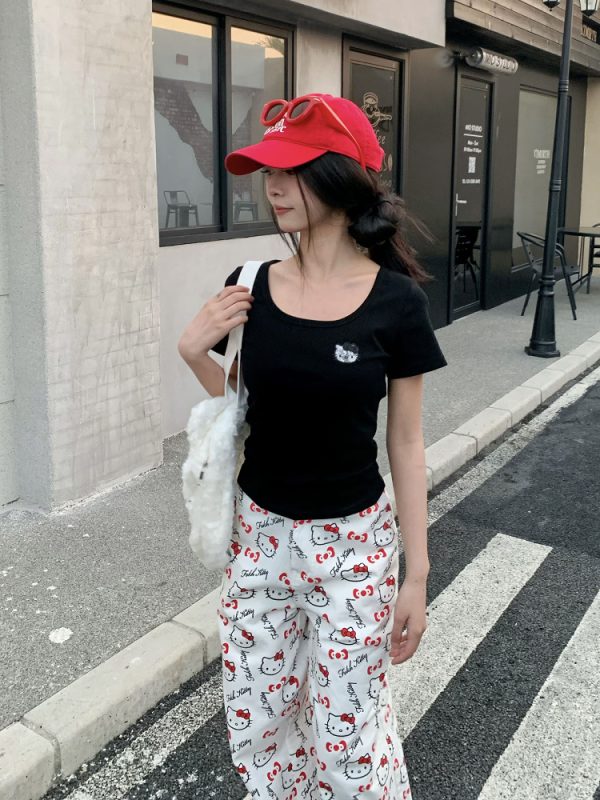 Women's Summer U-neck Kitty Cat Embroidered Short Sleeve T-shirt - Slimming Sweet Style for 2025, Cute 90s Vibe