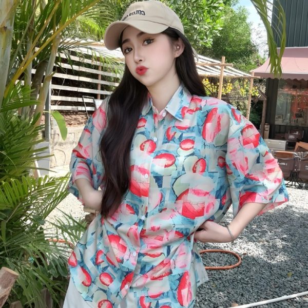 Women's Tie-Dye Short Sleeve Shirt - Loose Fit Trendy Summer Beach Blouse with Fresh Print