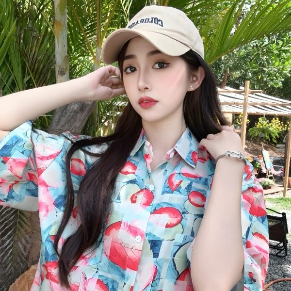 Women's Tie-Dye Short Sleeve Shirt - Loose Fit Trendy Summer Beach Blouse with Fresh Print