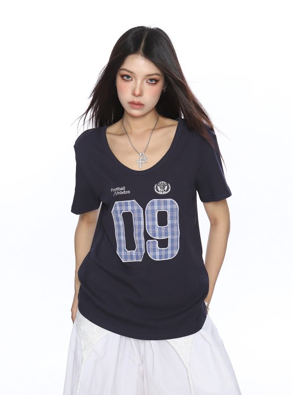 Women's V-Neck American Letter Embroidery Short Sleeve T-Shirt - Summer Loose Fit Casual Slimming Top in Y2K Style