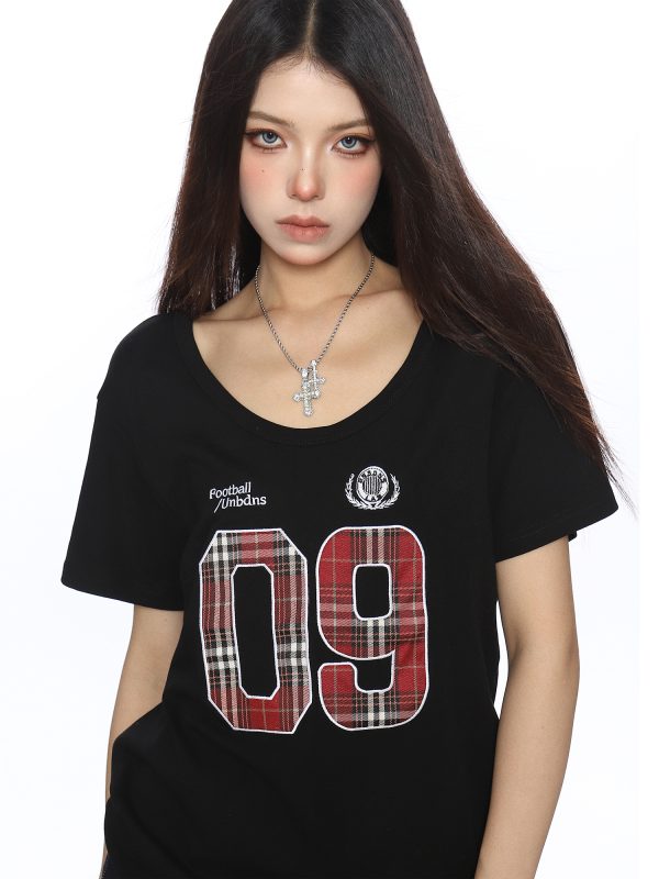 Women's V-Neck American Letter Embroidery Short Sleeve T-Shirt - Summer Loose Fit Casual Slimming Top in Y2K Style