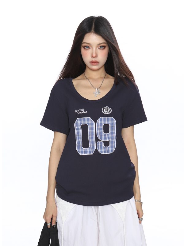 Women's V-Neck American Letter Embroidery Short Sleeve T-Shirt - Summer Loose Fit Casual Slimming Top in Y2K Style