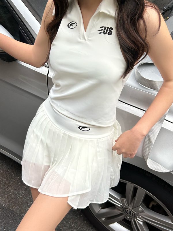 Women's V-Neck Sleeveless Tennis Vest & Skirt Set - Circle Design Sports Fitness Outfit, Perfect for Activewear and Athleisure