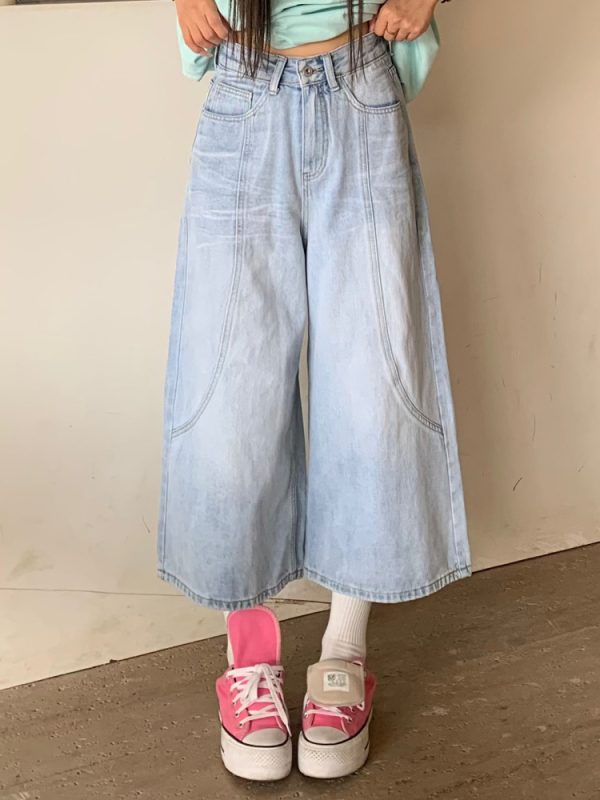 Women's Vintage Denim Wide-Leg Shorts - Loose Fit Eight-Point Style for Summer, Casual American Vintage Fashion