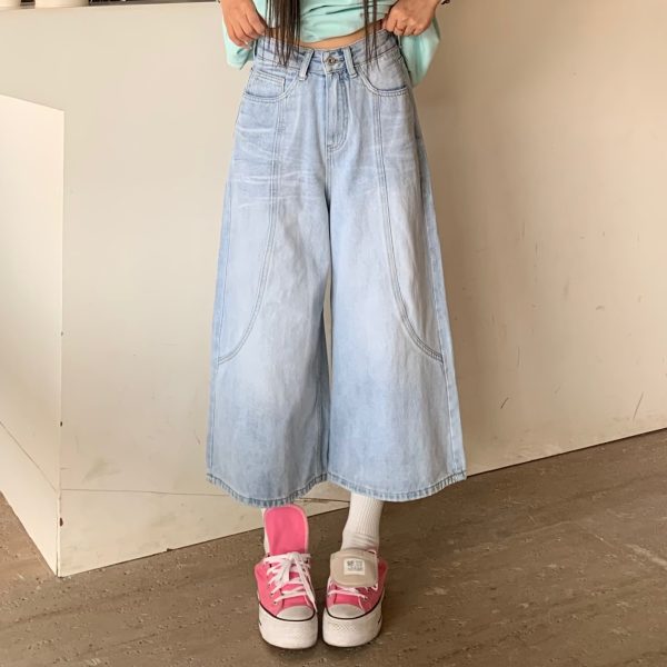 Women's Vintage Denim Wide-Leg Shorts - Loose Fit Eight-Point Style for Summer, Casual American Vintage Fashion